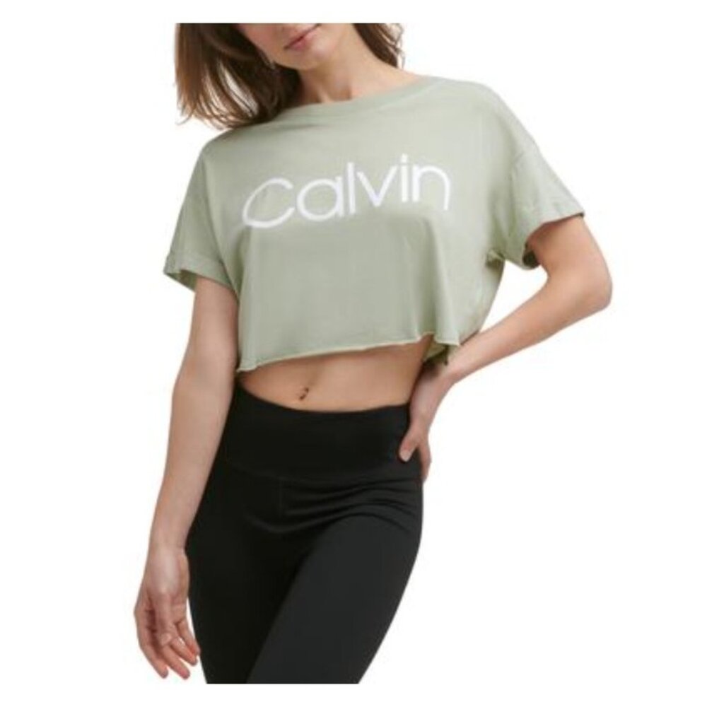NWT Calvin Klein Womens Large Performance Cropped Raw Hem Logo T Shirt Top $39